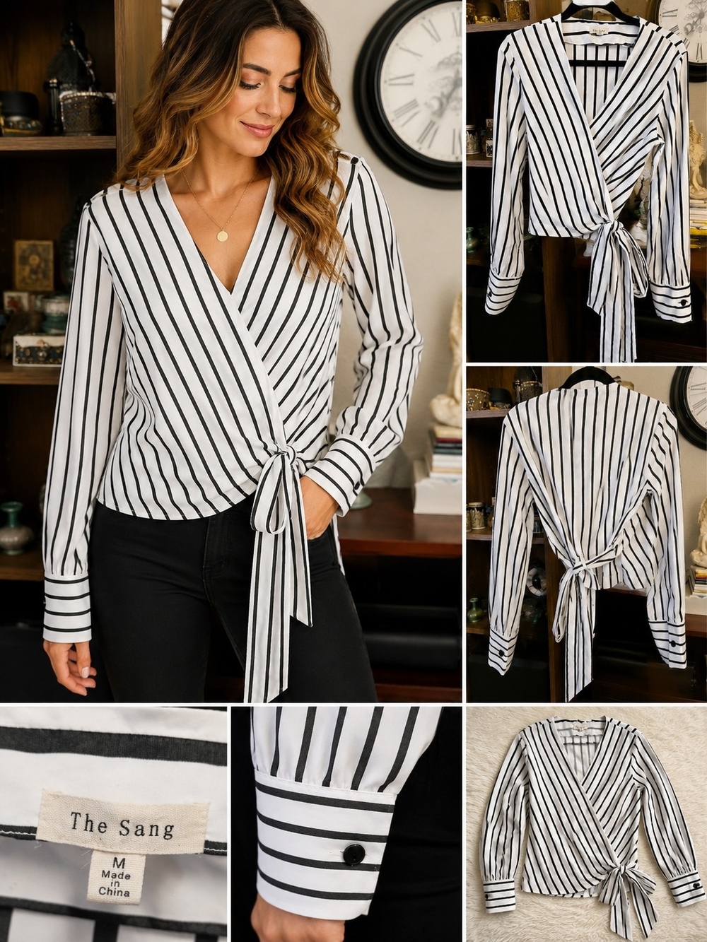 The Sang Striped Wrap Blouse White Black Tie Waist Long Sleeve Top Size M ST2573